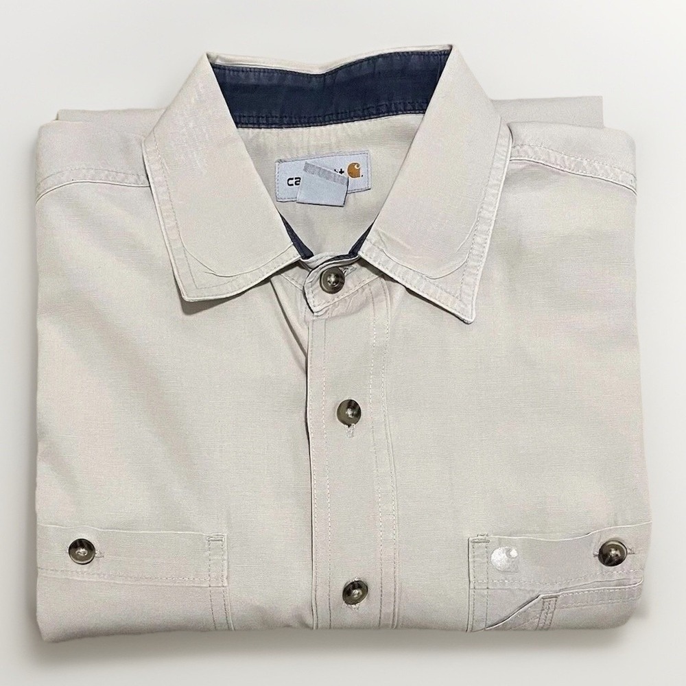 Carhartt Button Down Shirt Mens Lg Tall Tan Long Sleeve Utility Workwear Outdoor
